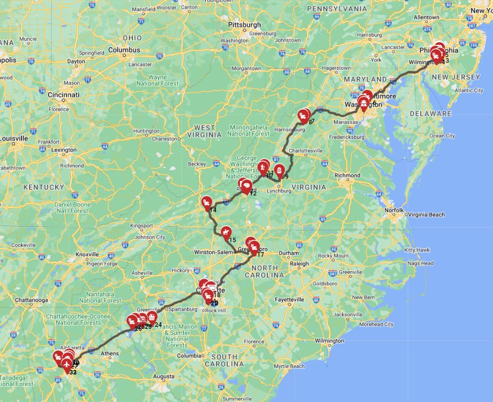 Map for Philadelphia to Atlanta - Historical Trails Natural Wonders and Family Fun